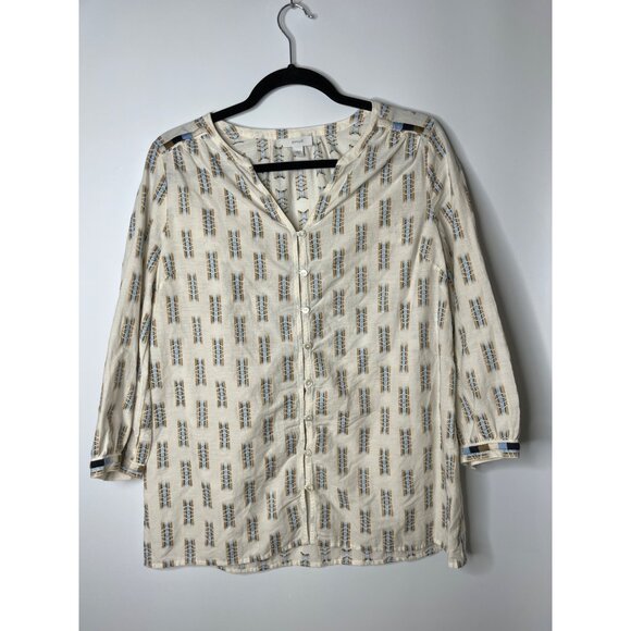 J Jill Pure Jill Button Front Embroidered 3/4 Sleeve Blouse Cream Blue Small - Picture 1 of 8
